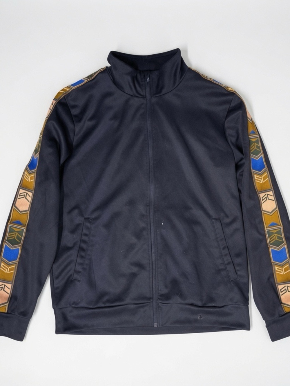 Scotch & Soda Mens XL Track Jacket Navy Blue Logo Tape Sleeve Full Zip K22 Mock